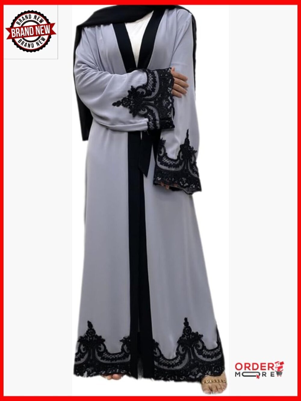 Embroidered Maxi Dress Cardigan Kaftan Modest Prayer Dress with Belt